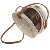 Shoulder bag, rattan, round, faux leather strap, white