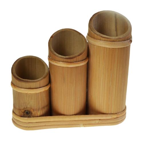 Triple bamboo pen/pencil pot natural colour 15x6cm