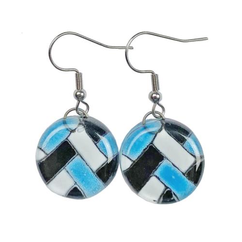 Earrings Recycled Glass Round Check Pattern 2cm diameter