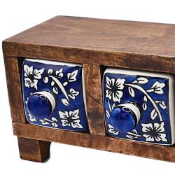 Wooden mini chest with 3  blue & white drawers 21.5 x 8.75 x 11.5cm