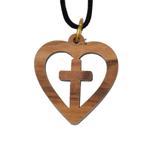 Pendant olive wood, heart with cross, 3 x 3cm