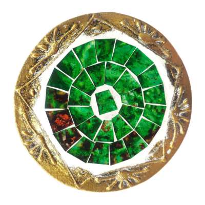 Set of 4 gold coloured round coasters, green mosaic