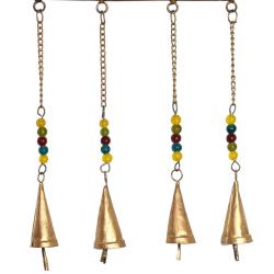 Hanging windchime 2 birds above 4 bells on chains recycled brass indoor/outdoor
