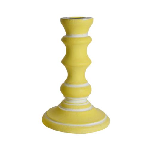 Candlestick/holder hand carved eco-friendly mango wood yellow 15cm height