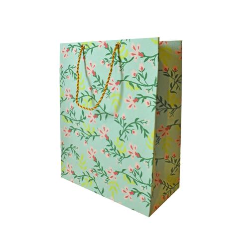 Gift Bag Handmade Paper Floral Design on Light Blue 18 x 23 x 9cm