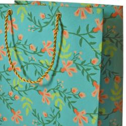 Gift Bag Handmade Paper Floral Design on Teal 18 x 23 x 9cm