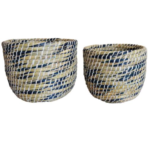Set of 2 round grass baskets, natural + blue