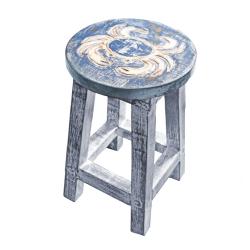 Stool Albesia Wood Crab Design Top Blue washed 25 x 39cm