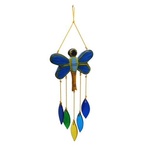 Mobile, recycled glass + wood, dragonfly with teardrops on strings multicoloured