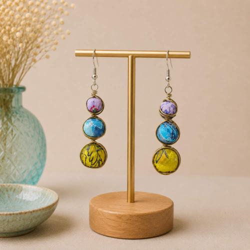 Earrings 3 Beads Recycled Lilac Blue Green