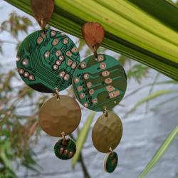 Ear studs, recycled circuit board, circles and drop