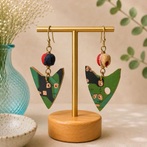 Earrings, recycled circuit board arrowhead with cloth bead