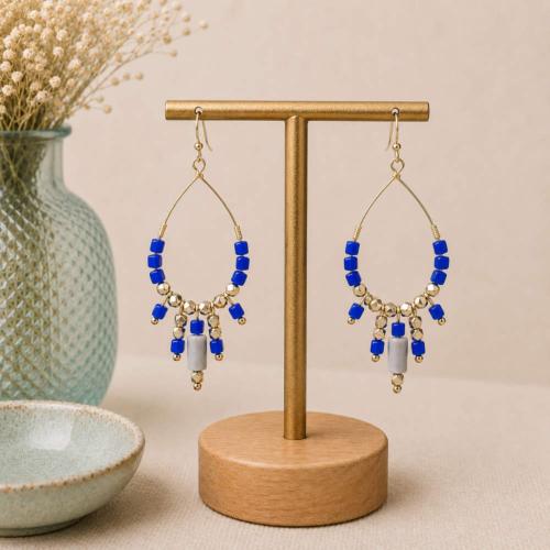 Earrings Dangling Blue and Gold Colour Beads