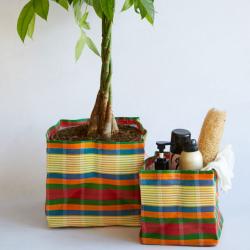 Planter plant holder recycled plastic cement bags, multicoloured bright stripes 15x15x15cm