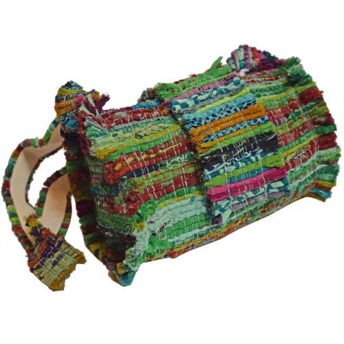 Rag chindi cross body bag recycled sari base colour green 24x18cm
