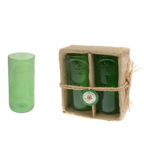 Pack of 2 glass tumblers, recycled Heineken bottles, green