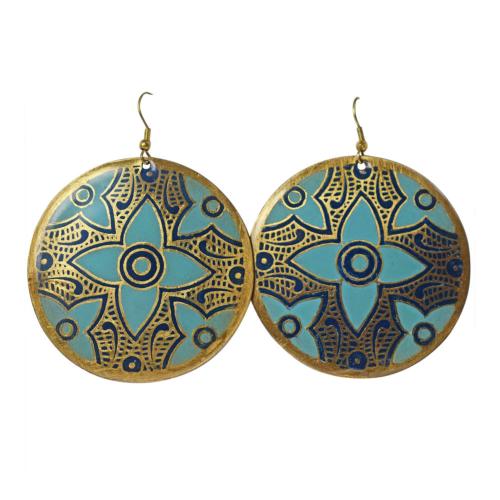 Brass earrings round, floral design gold & turquoise colour