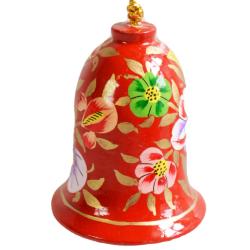 Hanging bell decoration, flowers on red, papier maché