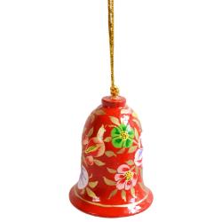 Hanging bell decoration, flowers on red, papier maché