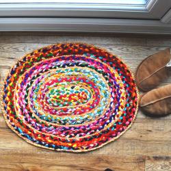Rug/doormat, recycled cotton & jute oval multi coloured 45x60cm