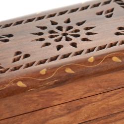 Secret Lock Box Hand Carved Sheesham Wood with Brass Inlay & Mandala 15x9.5x5.5cm