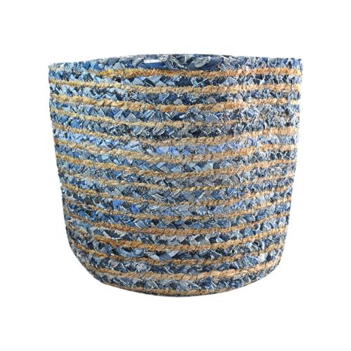 Basket plaited hemp and recycled denim, blue and natural 25x25cm (10x10 inches)