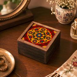 Secret Lock Box Mango Wood with Tile - Floral on Red