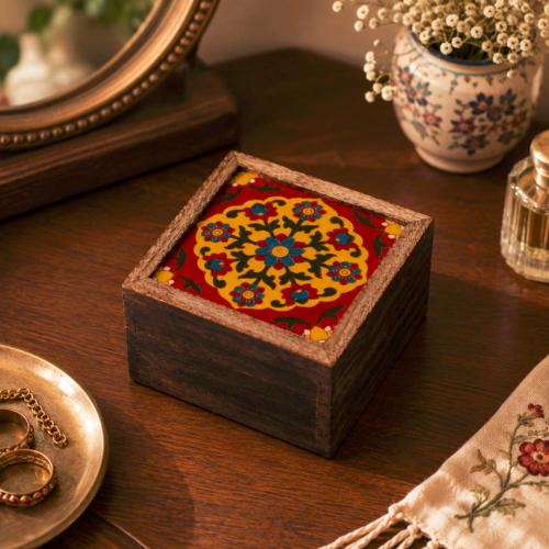 Secret Lock Box Mango Wood with Tile - Floral on Red