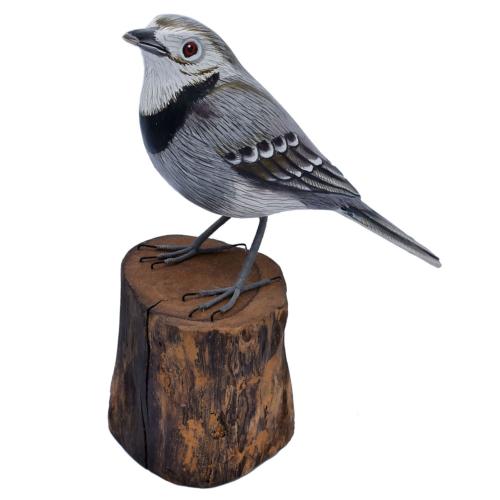 Pied wagtail on tree trunk, hand carved and painted 9.5 x 14 x 20cm