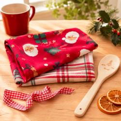 2 Christmas Tea Towels + Wooden Spoon Recycled Cotton