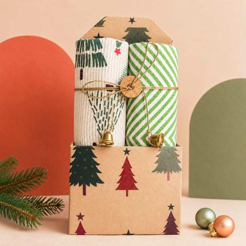 2 Christmas Tea Towels Gift Set Green Recycled Cotton