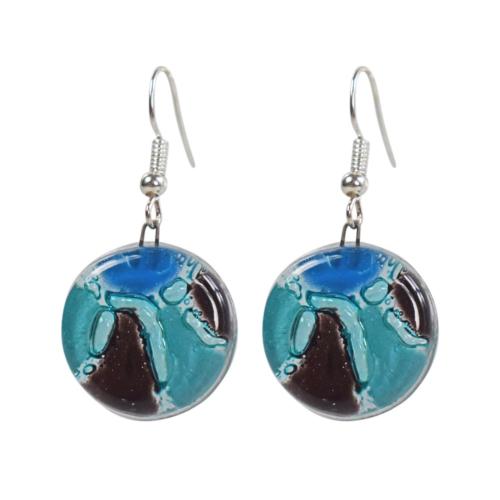 Earrings, glass round blue and black 2cm diameter