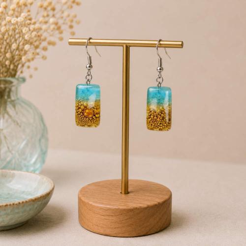 Earrings Recycled Glass Rectangle Turquoise Gold 0.8 x 1.5cm