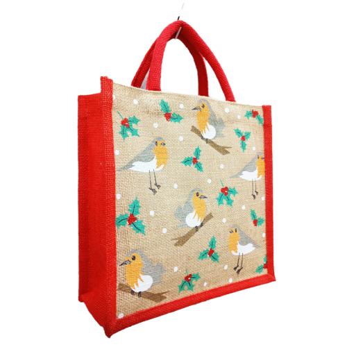 Jute shopper or Christmas gift bag, robins design 30x30cm