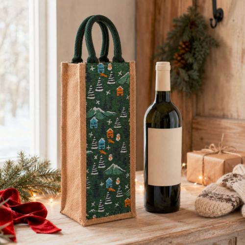 Jute Bottle Gift Bag, Winter Scene 10x36cm