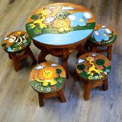 Hand carved African animals children's table with 4 stools