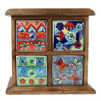 Wooden mini chest, 4 ceramic drawers