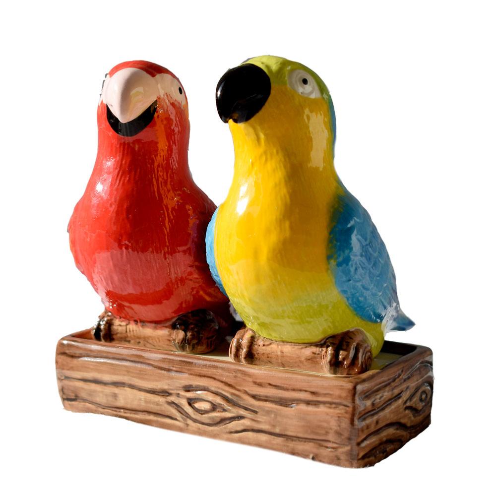 Red & blue parrots ceramic cruet set salt & pepper pots shakers hand