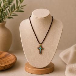 Pendant olive wood, cross with Mother of Pearl, 2 x 3.5cm