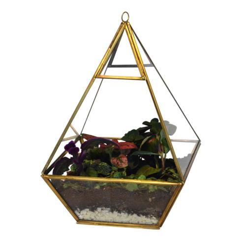 Terrarium recycled metal & glass pyramid shape 17.5cm ht, plants not included