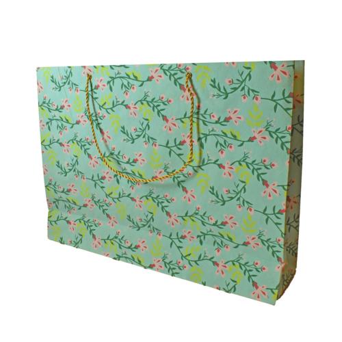 Gift Bag Handmade Paper Floral Design on Light Blue 38 x 28 x 10cm