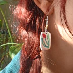 Earrings Kisii Stone Rectangle with Red Flower