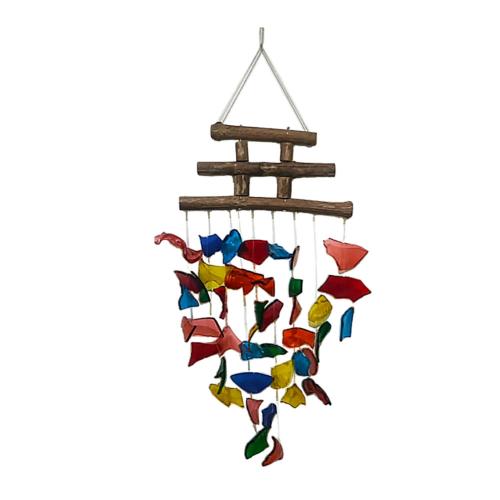 Mobile, recycled glass pieces on 9 strings with driftwood pagoda, multicoloured
