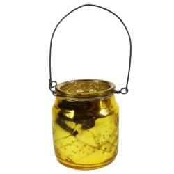 T-lite candle holder with wire hanging recycled glass yellow/gold colour 6x7cm
