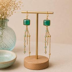 Earrings, Chain and Beads Jade Colour Stone