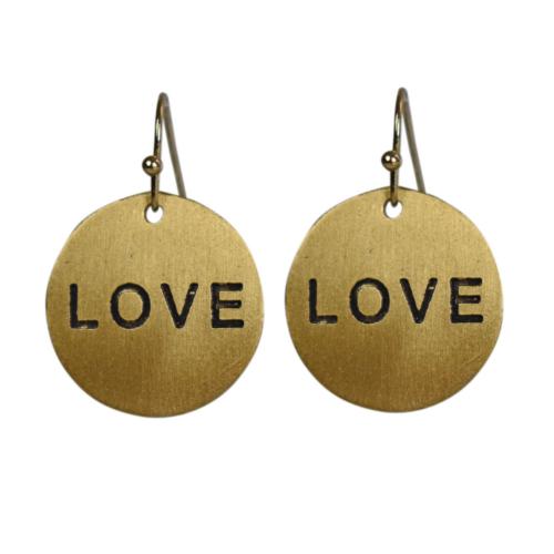Earrings, Brass round drop engraved with `LOVE’ 2cm diameter