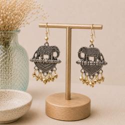 Earrings Silver Colour Elephant with Gold Colour Drops