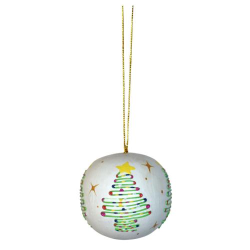 Hanging Christmas Bauble, Albesia Wood White With Trees 6cm