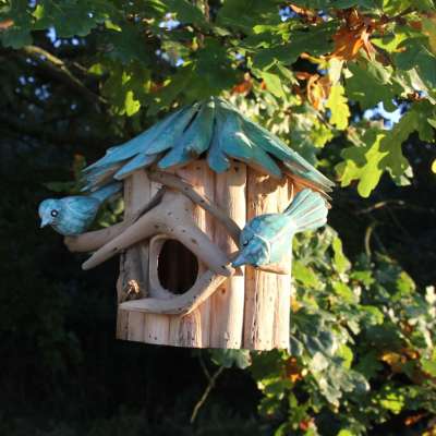 Birdhouse driftwood, blue roof, 2 birds 21cm height