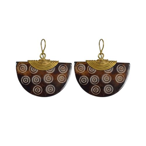 Earrings, semi-circular, brown engraved bone, and brass 4.5 (L) x 4.5 (W) cm